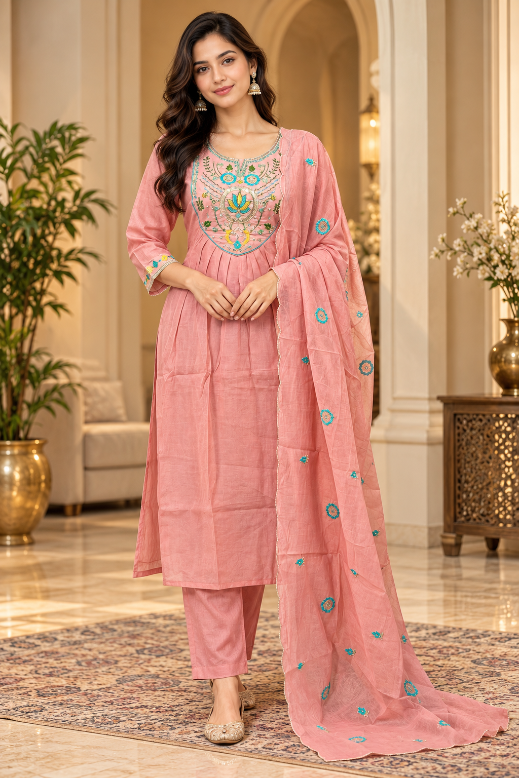 Peach Mull Chandri 3-Piece Suit Set | Embroidered Round Kurti with Pant & Dupatta