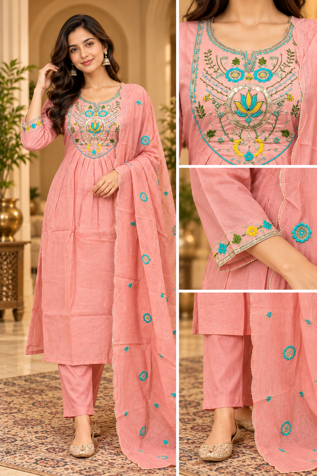 Peach Mull Chandri 3-Piece Suit Set | Embroidered Round Kurti with Pant & Dupatta