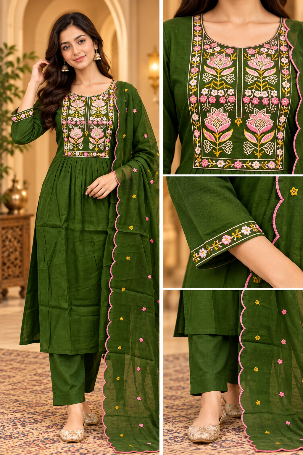Olive Green Mull Chandri 3-Piece Suit Set | Embroidered Round Kurti with Pant & Dupatta