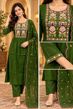 Olive Green Mull Chandri 3-Piece Suit Set | Embroidered Round Kurti with Pant & Dupatta