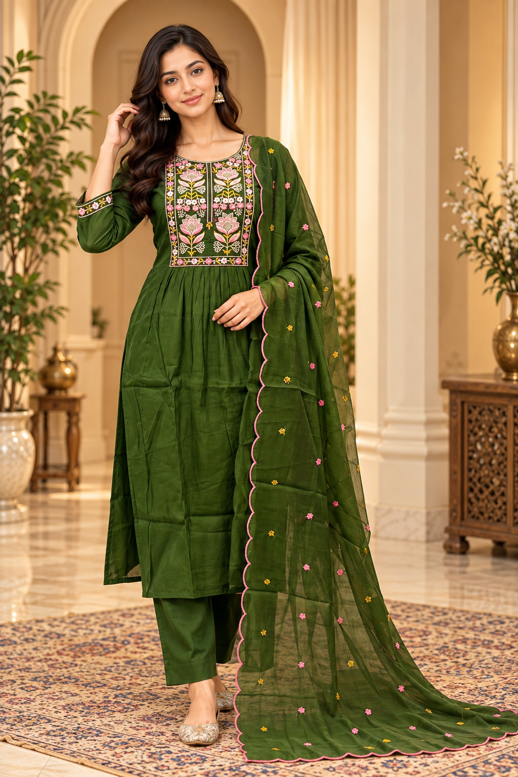 Olive Green Mull Chandri 3-Piece Suit Set | Embroidered Round Kurti with Pant & Dupatta