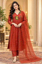 Rust Red Mull Chandri 3-Piece Suit Set | Floral Round Kurti with Pant & Dupatta
