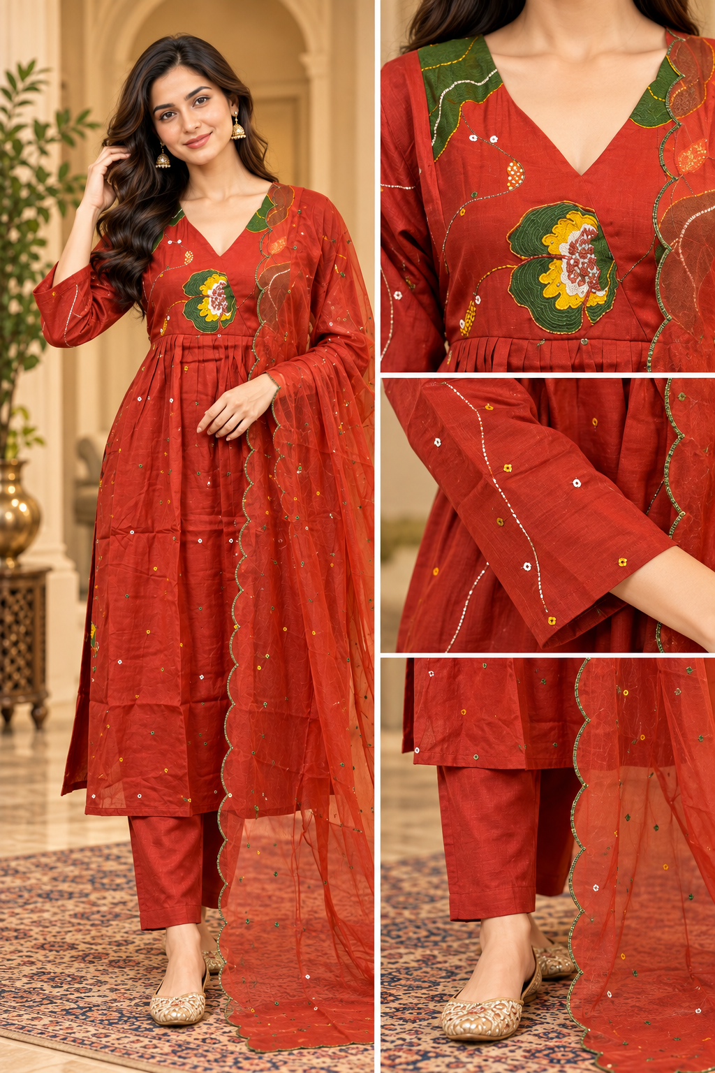 Rust Red Mull Chandri 3-Piece Suit Set | Floral Round Kurti with Pant & Dupatta