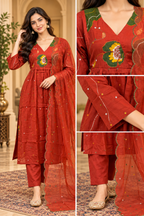 Rust Red Mull Chandri 3-Piece Suit Set | Floral Round Kurti with Pant & Dupatta