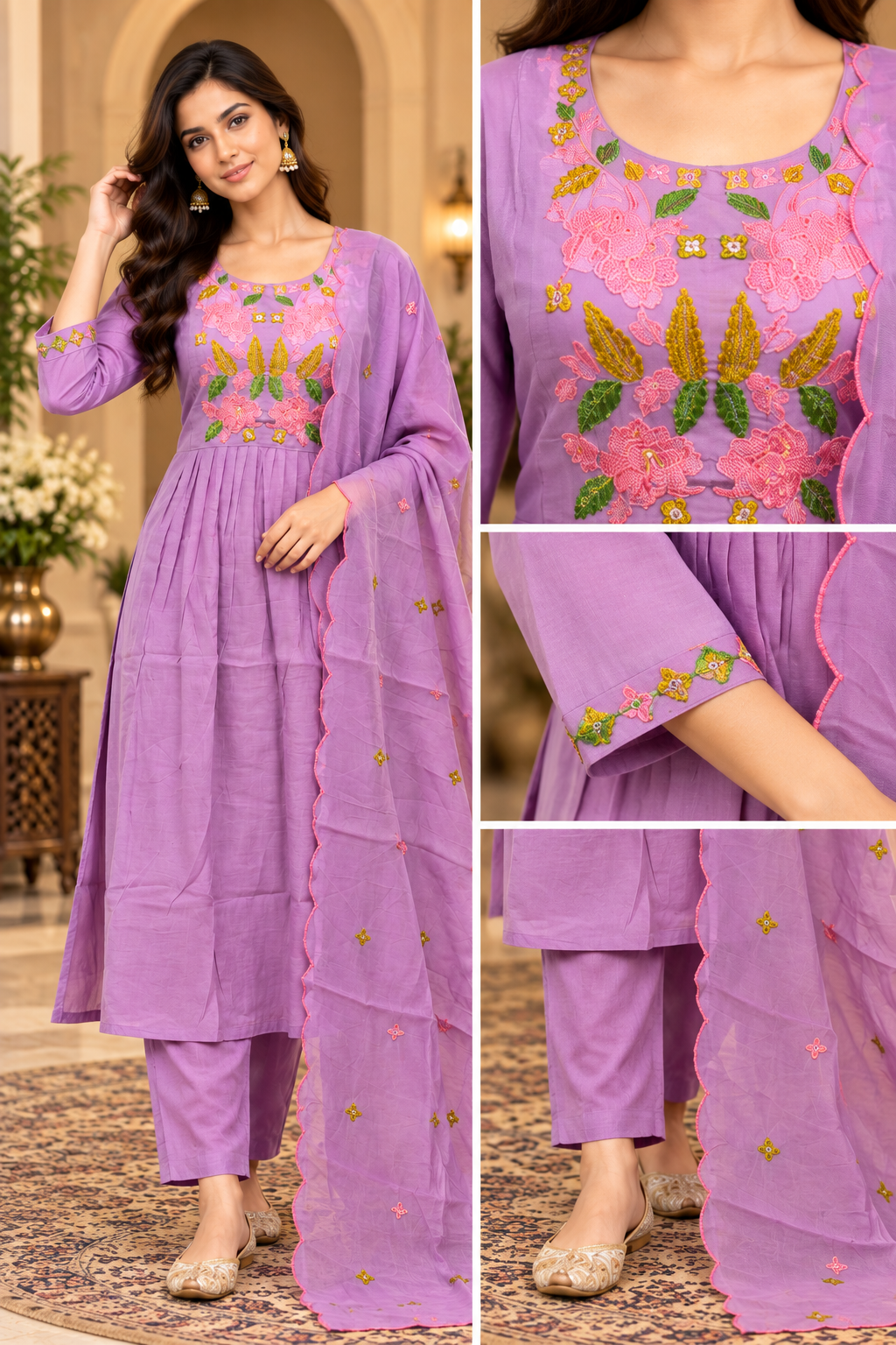 Lavender Mull Chandri 3-Piece Suit Set | Floral Embroidered Round Kurti with Pant & Dupatta
