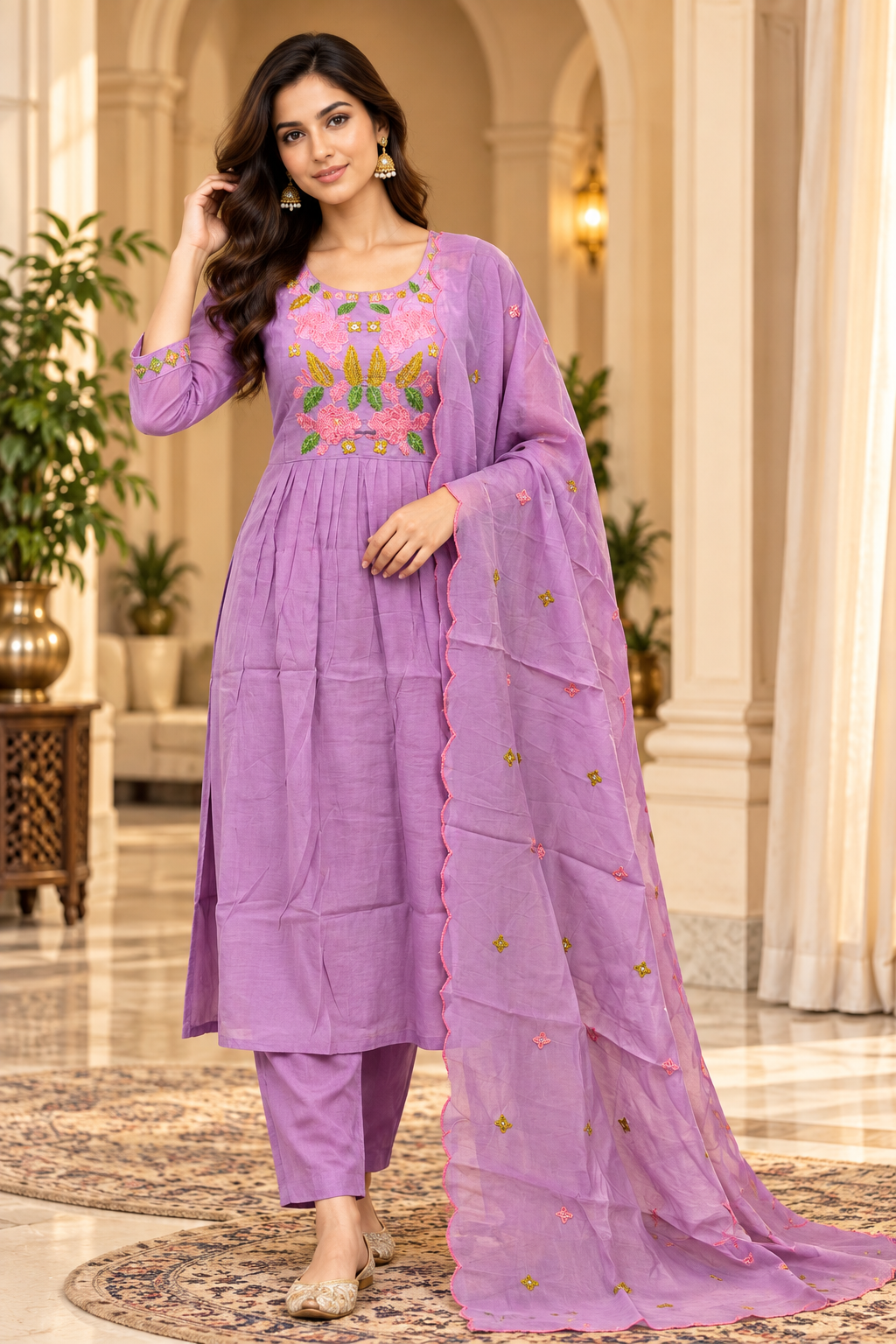 Lavender Mull Chandri 3-Piece Suit Set | Floral Embroidered Round Kurti with Pant & Dupatta
