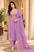 Lavender Mull Chandri 3-Piece Suit Set | Floral Embroidered Round Kurti with Pant & Dupatta
