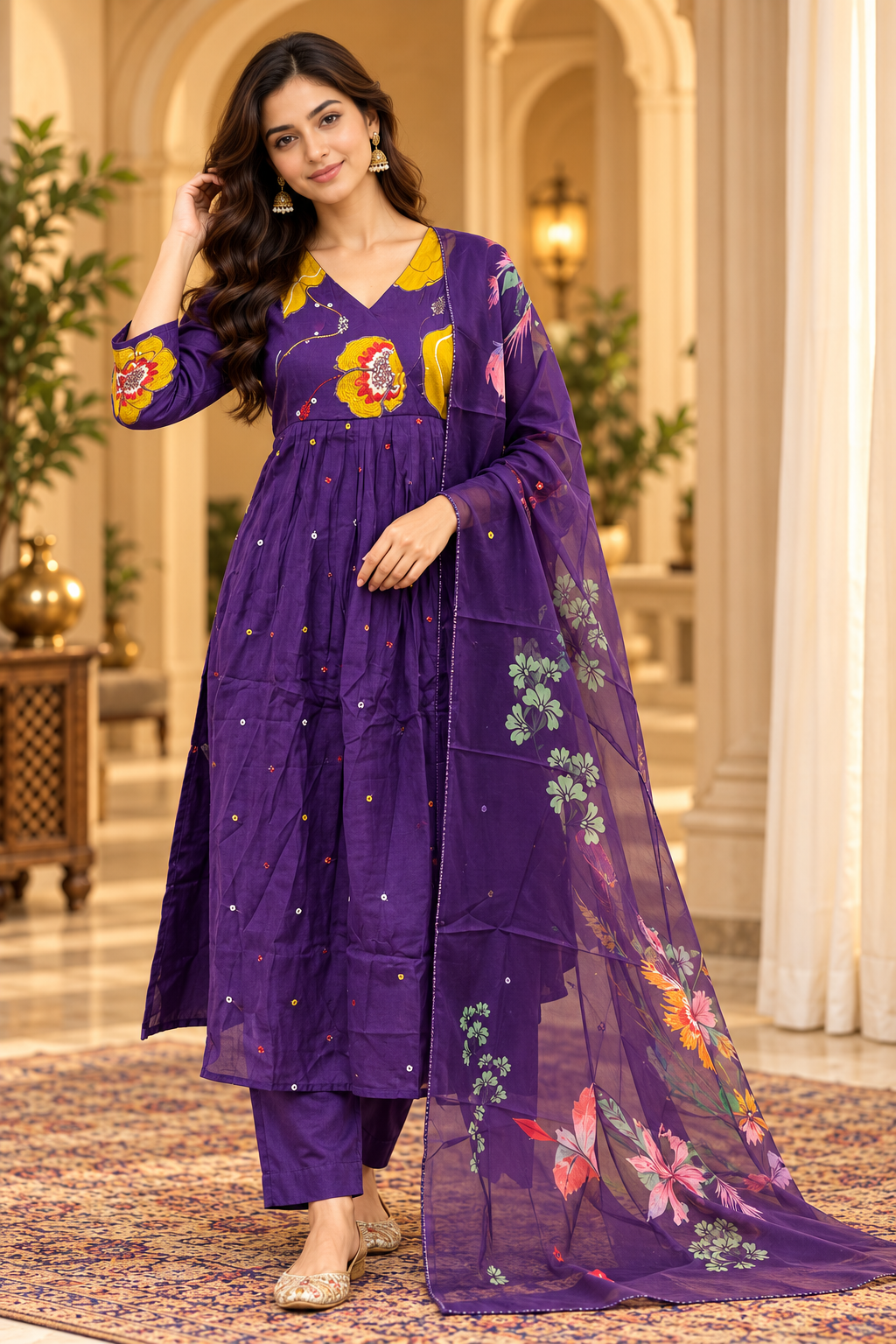 Royal Purple Mull Chandri 3-Piece Suit Set | Floral Kurti with Pant & Dupatta