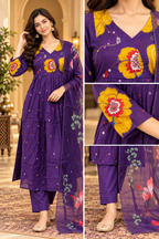 Royal Purple Mull Chandri 3-Piece Suit Set | Floral Kurti with Pant & Dupatta