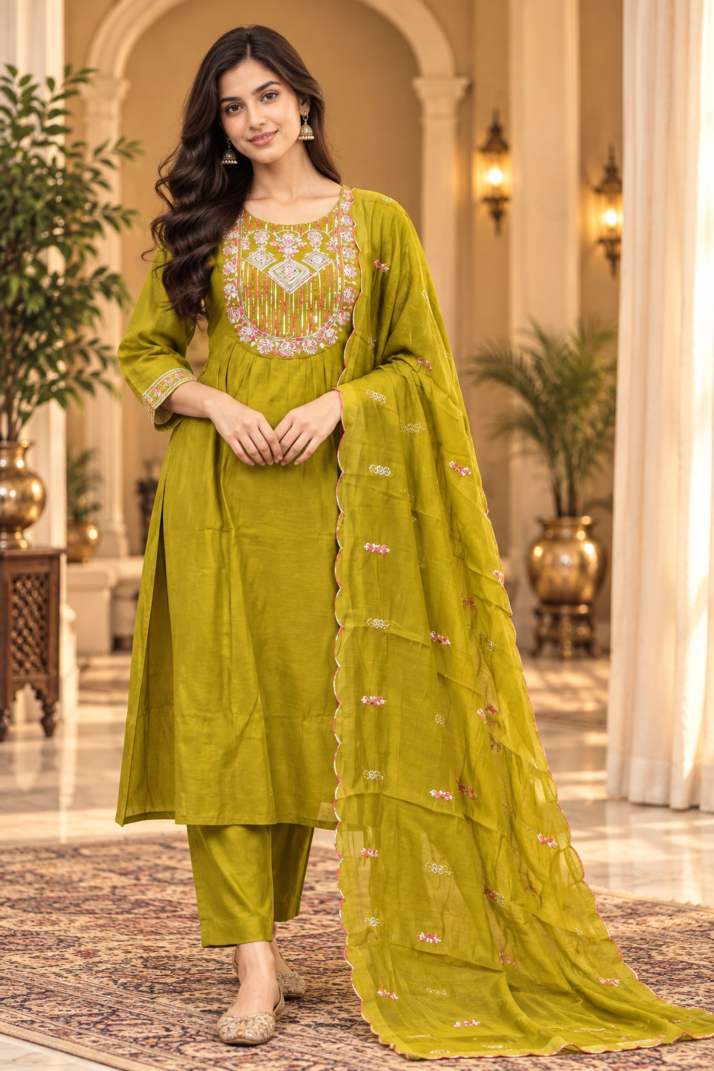 Mustard Yellow Mull Chandri 3-Piece Suit Set | Embroidered Round Kurti with Pant & Dupatta