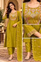 Mustard Yellow Mull Chandri 3-Piece Suit Set | Embroidered Round Kurti with Pant & Dupatta