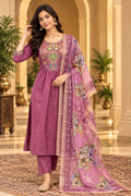 Mauve Pink Mull Chandri 3-Piece Suit Set | Floral Embroidered Round Kurti with Pant & Dupatta