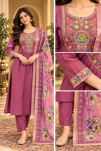 Mauve Pink Mull Chandri 3-Piece Suit Set | Floral Embroidered Round Kurti with Pant & Dupatta
