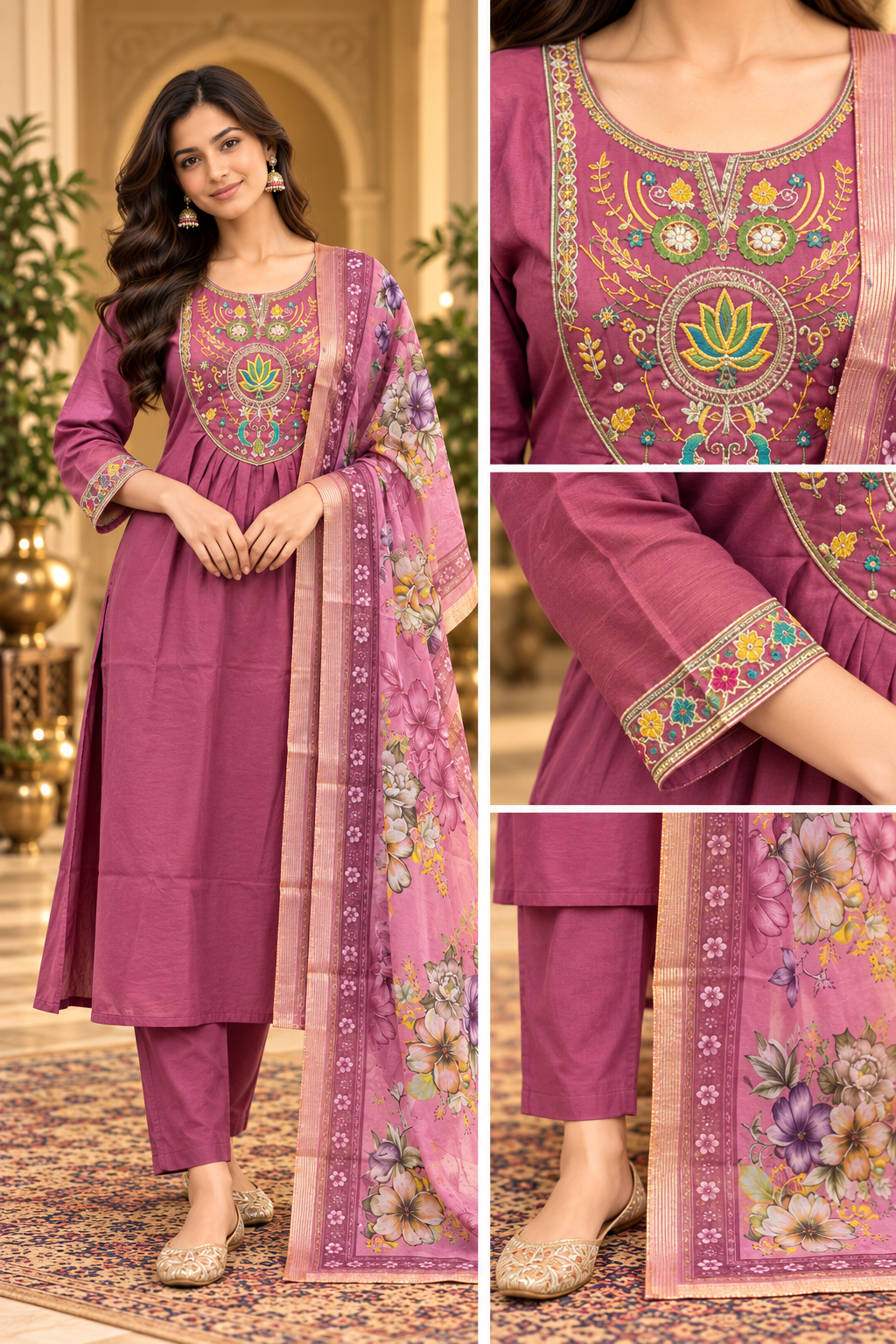 Mauve Pink Mull Chandri 3-Piece Suit Set | Floral Embroidered Round Kurti with Pant & Dupatta