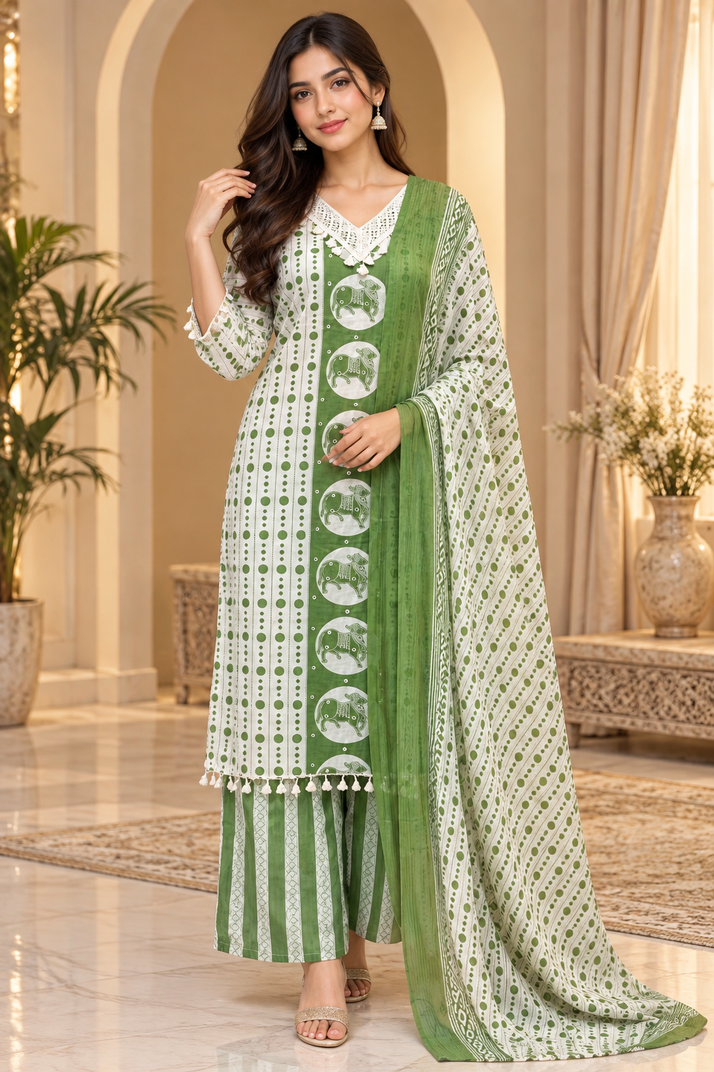 Green & White Printed 3-Piece Ethnic Suit Set with Dupatta