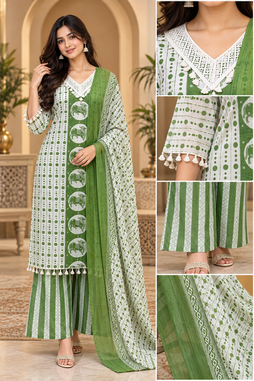 Green & White Printed 3-Piece Ethnic Suit Set with Dupatta