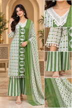 Green & White Printed 3-Piece Ethnic Suit Set with Dupatta