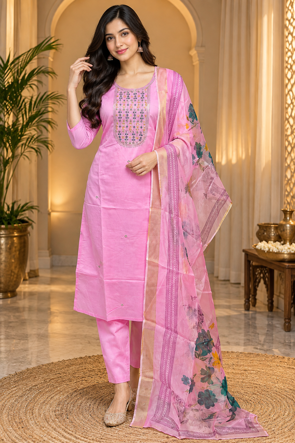 Pink ROMAN SILK 3-Piece Suit Set with ORGANZA DUPATTA