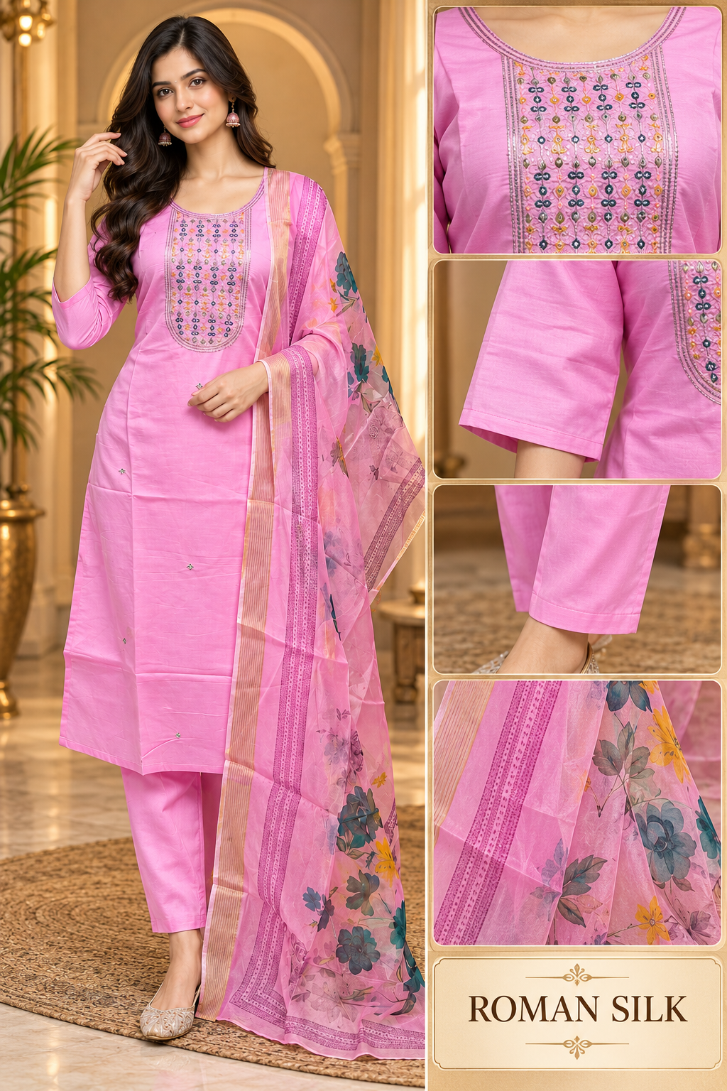 Pink ROMAN SILK 3-Piece Suit Set with ORGANZA DUPATTA