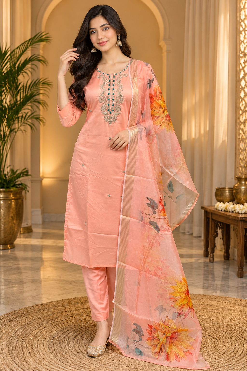 Peach ROMAN SILK 3-Piece Suit Set with ORGANZA DUPATTA