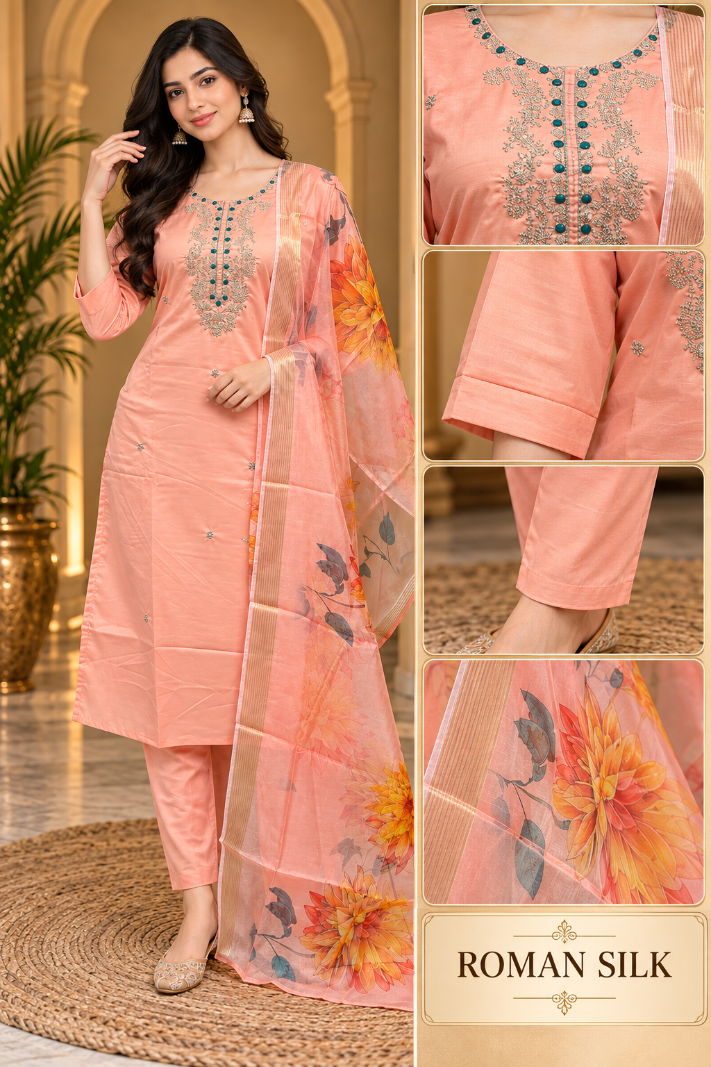 Peach ROMAN SILK 3-Piece Suit Set with ORGANZA DUPATTA