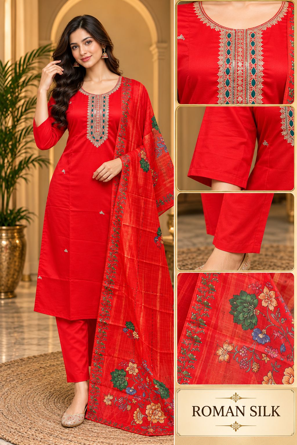 Red ROMAN SILK 3-Piece Suit Set with ORGANZA DUPATTA