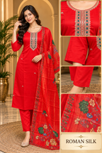 Red ROMAN SILK 3-Piece Suit Set with ORGANZA DUPATTA