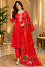 Red ROMAN SILK 3-Piece Suit Set with ORGANZA DUPATTA