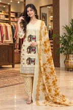 Cream & Mustard Pure Cotton 3-Piece Ethnic Suit Set with Printed Dupatta