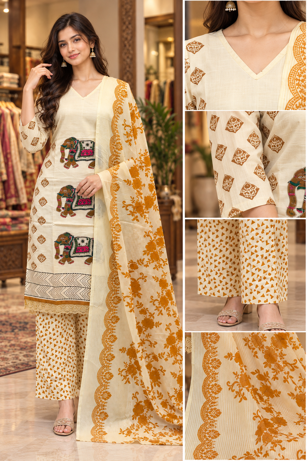 Cream & Mustard Pure Cotton 3-Piece Ethnic Suit Set with Printed Dupatta