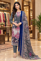 Charcoal Grey Printed 3-Piece Pure Cotton Suit Set with Navy Dupatta