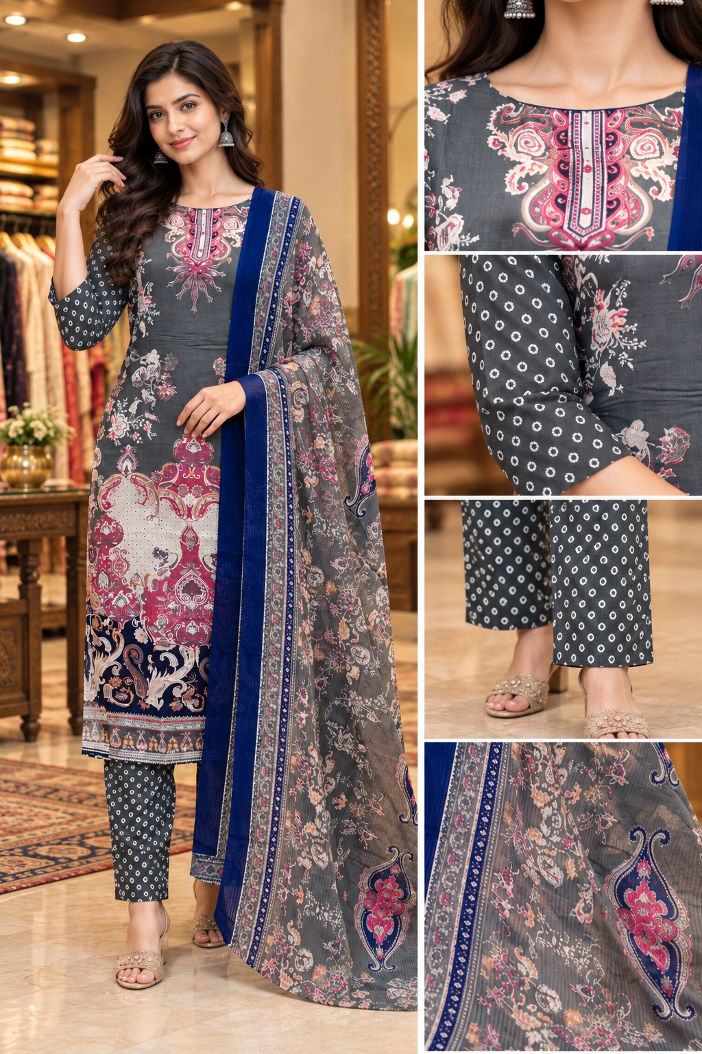 Charcoal Grey Printed 3-Piece Pure Cotton Suit Set with Navy Dupatta