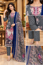 Charcoal Grey Printed 3-Piece Pure Cotton Suit Set with Navy Dupatta