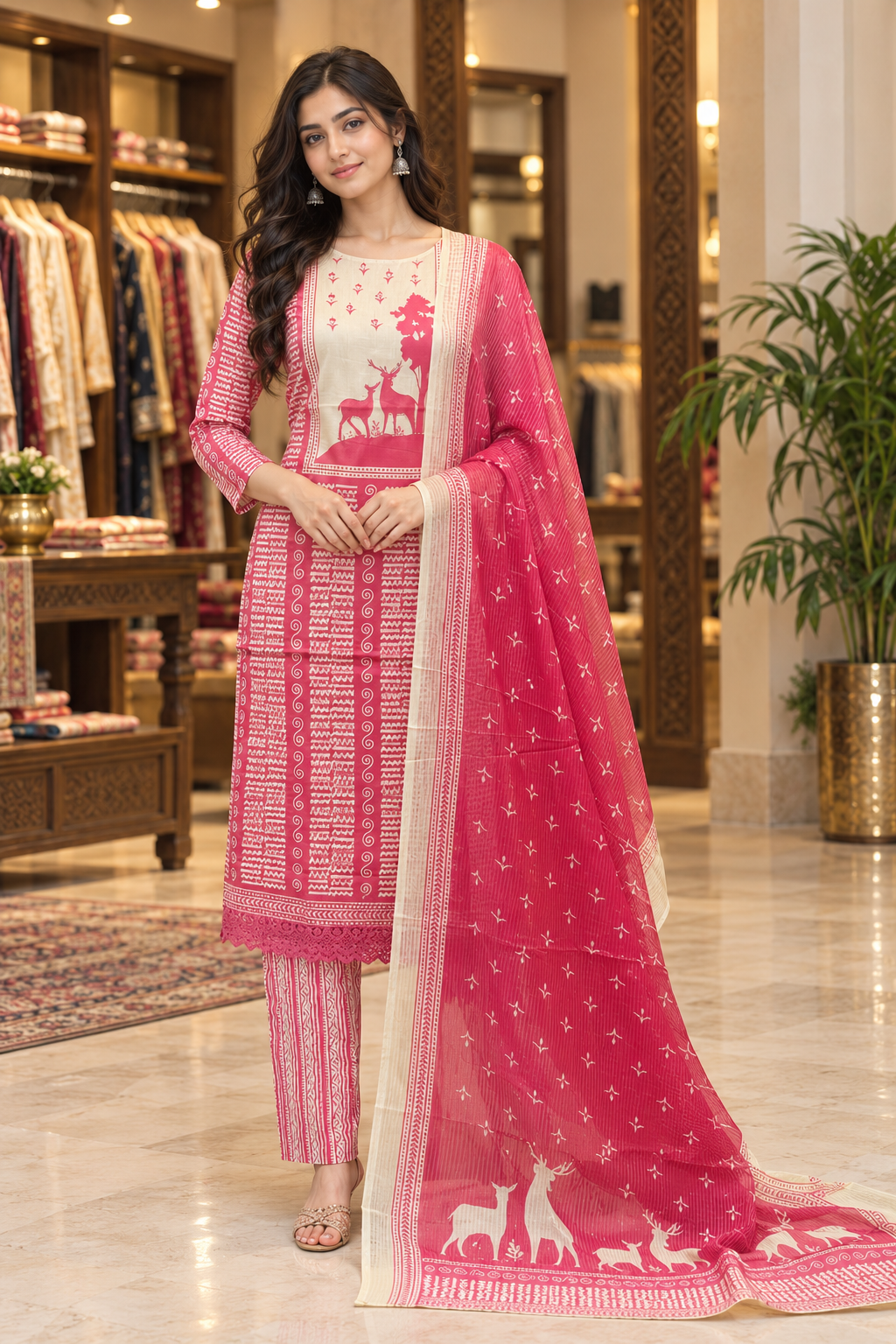 Pink & Cream Pure Cotton Printed 3-Piece Suit Set with Dupatta