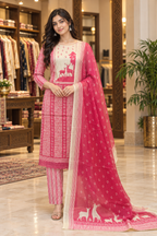 Pink & Cream Pure Cotton Printed 3-Piece Suit Set with Dupatta