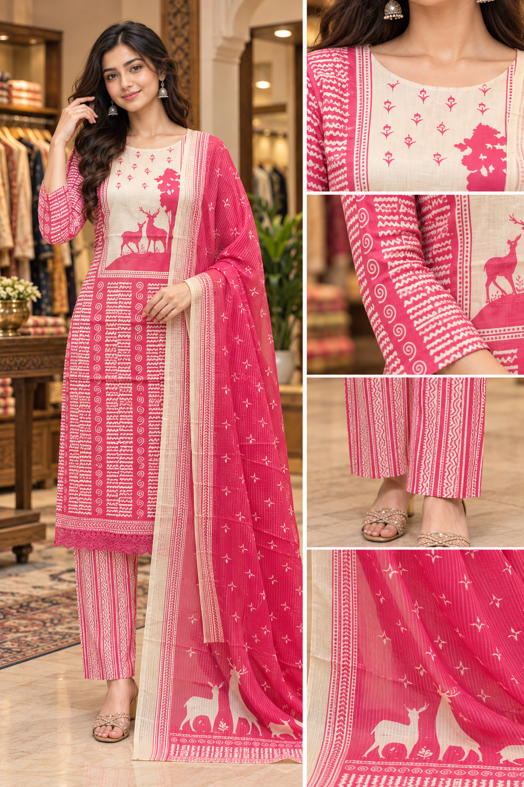 Pink & Cream Pure Cotton Printed 3-Piece Suit Set with Dupatta