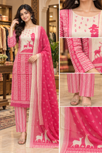 Pink & Cream Pure Cotton Printed 3-Piece Suit Set with Dupatta