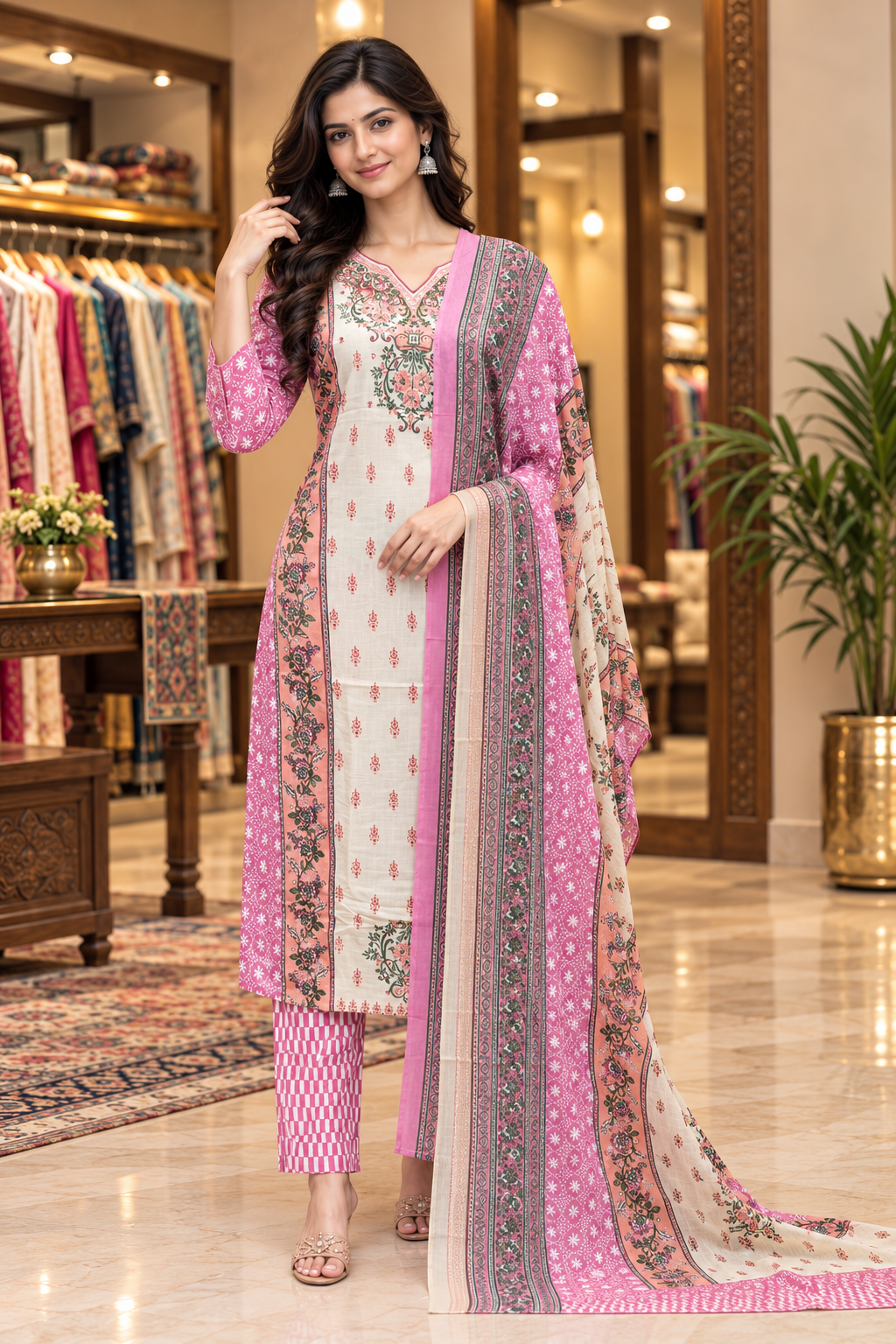 Pink & Cream Pure Cotton Printed 3-Piece Suit Set with Floral Dupatta