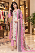Pink & Cream Pure Cotton Printed 3-Piece Suit Set with Floral Dupatta