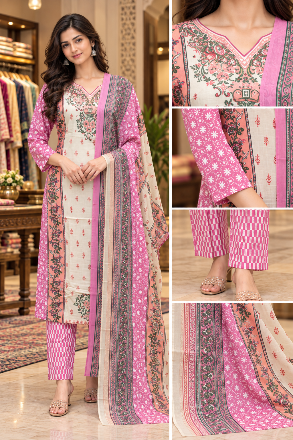Pink & Cream Pure Cotton Printed 3-Piece Suit Set with Floral Dupatta
