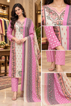 Pink & Cream Pure Cotton Printed 3-Piece Suit Set with Floral Dupatta