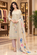 Cream Printed 3-Piece Pure Cotton Suit Set with Pink & Multicolour Detailing