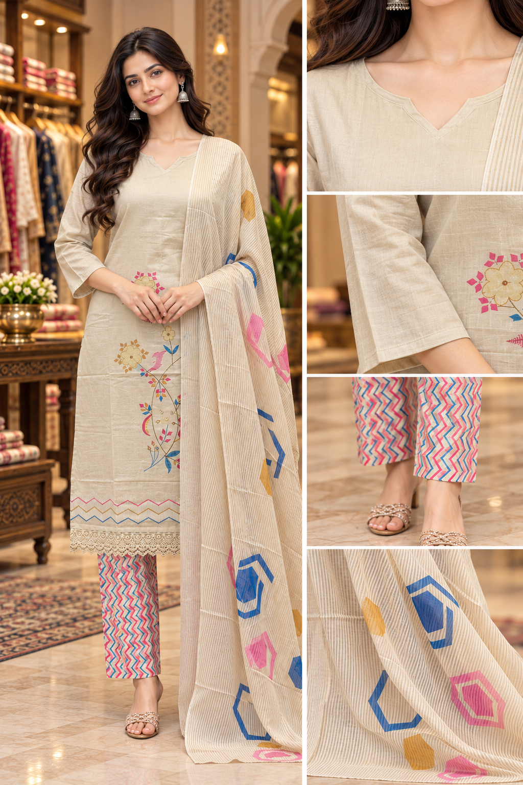 Cream Printed 3-Piece Pure Cotton Suit Set with Pink & Multicolour Detailing