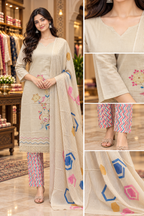 Cream Printed 3-Piece Pure Cotton Suit Set with Pink & Multicolour Detailing