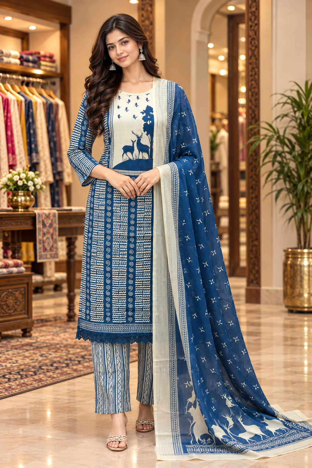 Blue &Cream Printed Pure Cotton 3-Piece Suit Set