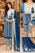 Blue &Cream Printed Pure Cotton 3-Piece Suit Set