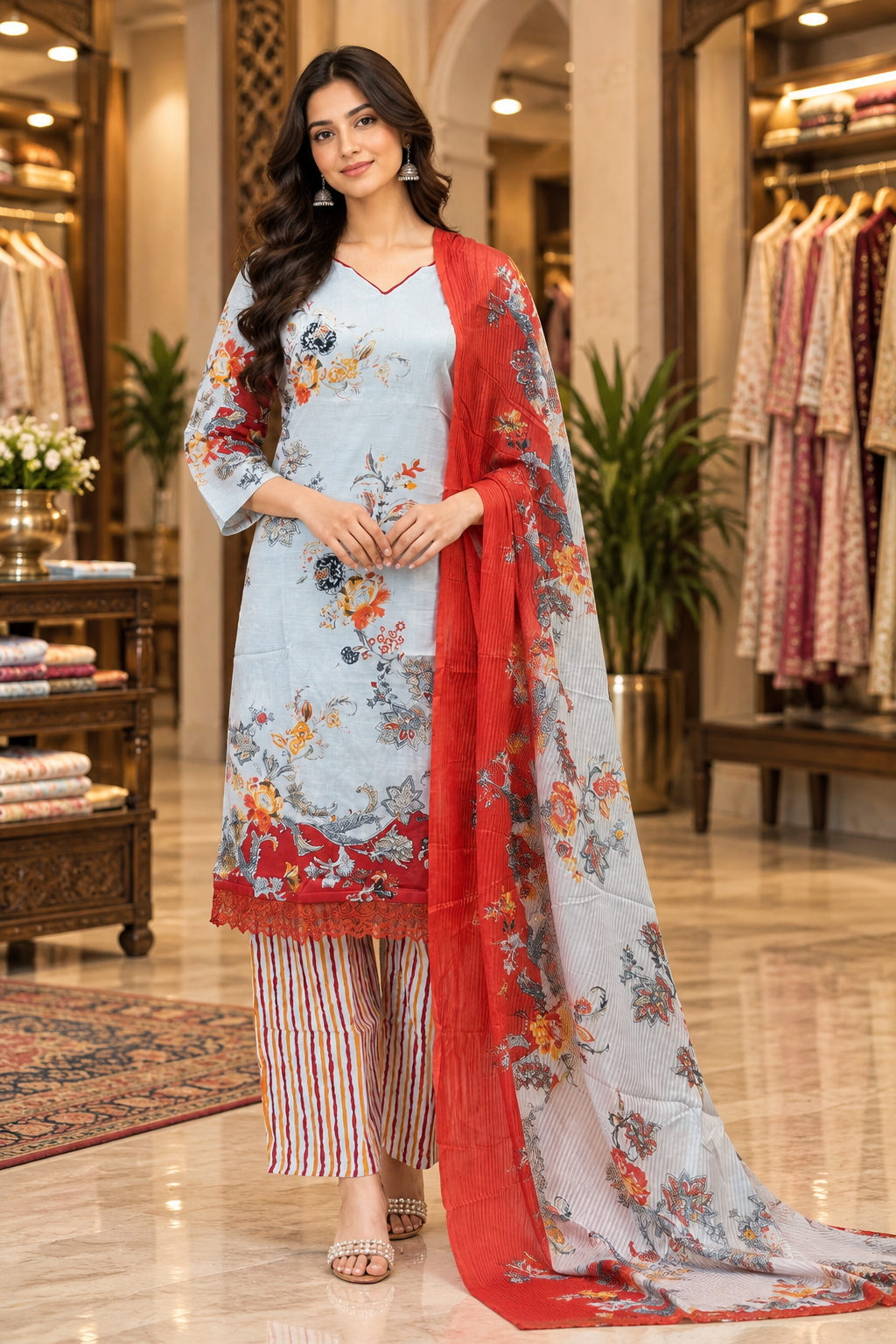 Sky Blue Floral Printed Pure Cotton 3-Piece Suit Set with Red Dupatta