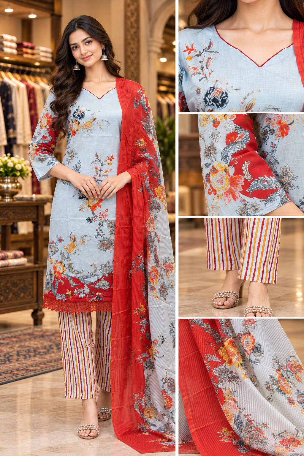 Sky Blue Floral Printed Pure Cotton 3-Piece Suit Set with Red Dupatta