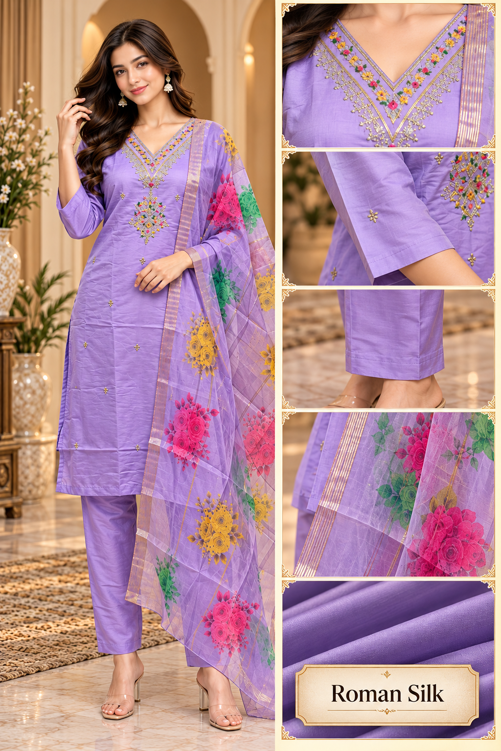Lavender Roman Silk 3-Piece Embroidered Suit Set with Floral Dupatta