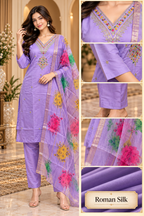 Lavender Roman Silk 3-Piece Embroidered Suit Set with Floral Dupatta